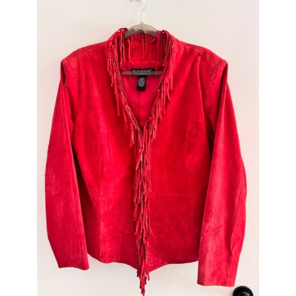 Large Womens Red Leather Fringe Jacket Western Boho Suede Open Hook/Eye Closure